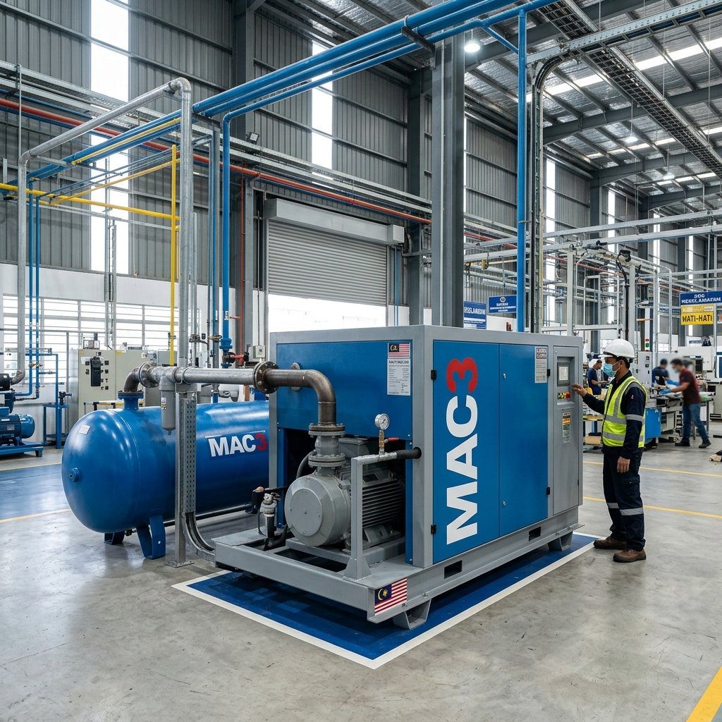 Modern industrial air compressor with prominent MAC3 logo installed in a Malaysian factory floor with engineer