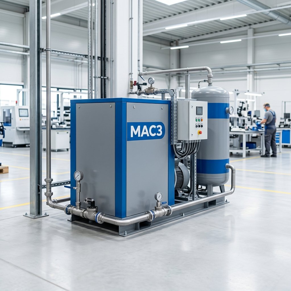 Industrial air compressor installation with MAC3 logo in factory