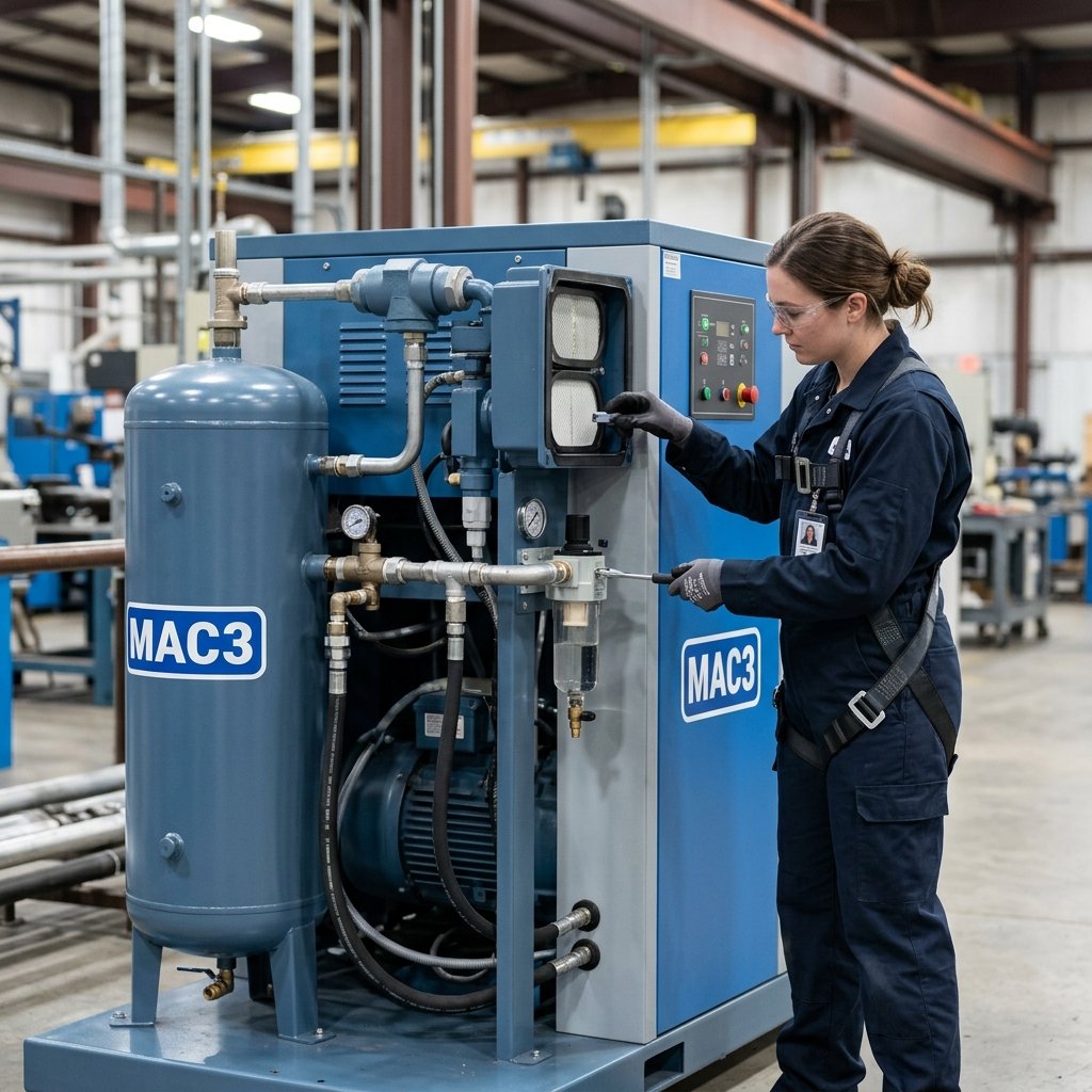 Service technician performing preventive maintenance on a MAC3 air compressor