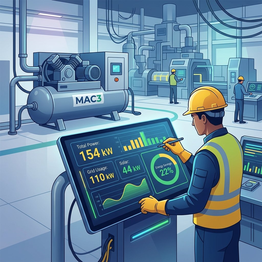 Digital energy dashboard showing power consumption and energy savings with compressor in background