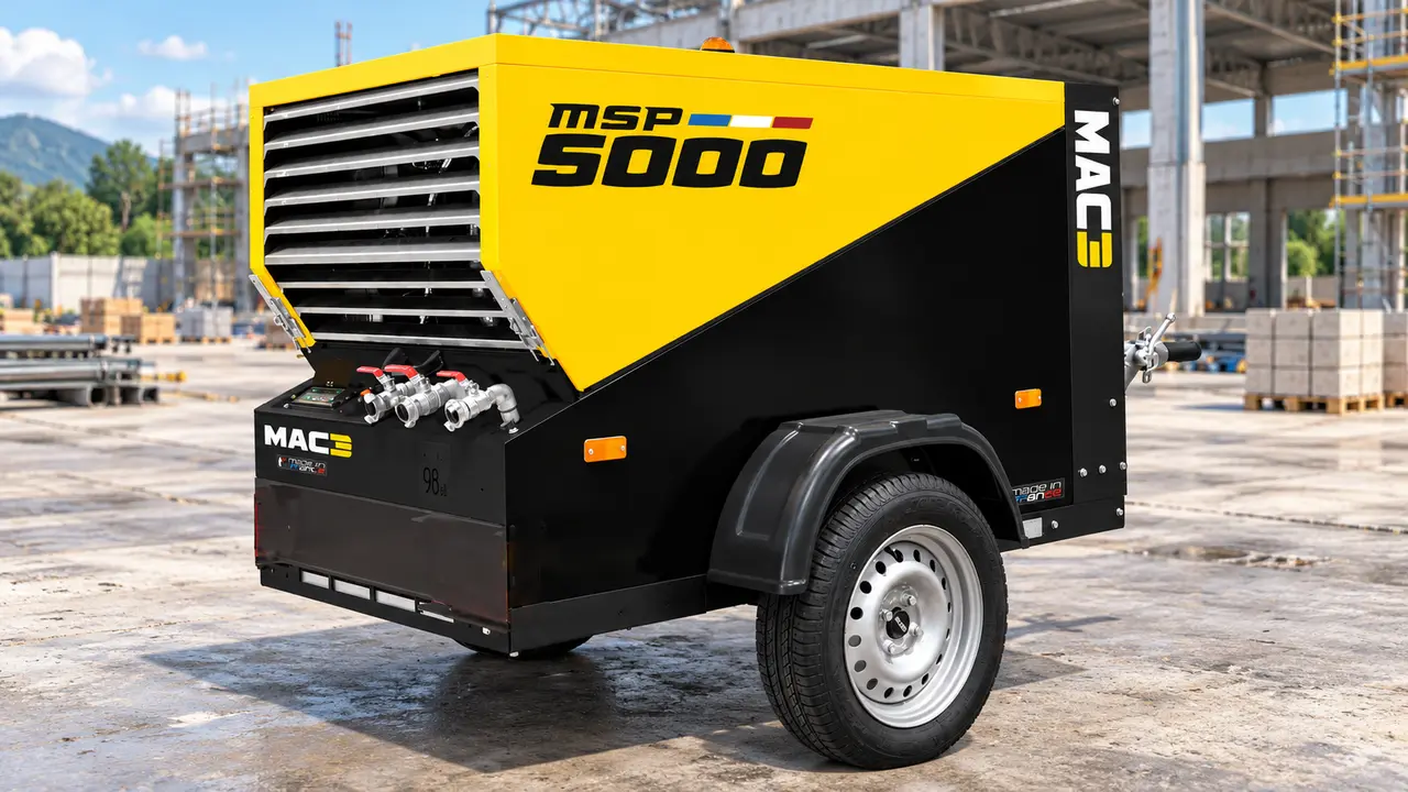 MAC3 vs Airman air compressor Malaysia guide showing a MAC3 MSP5000 on an illustrative construction background
