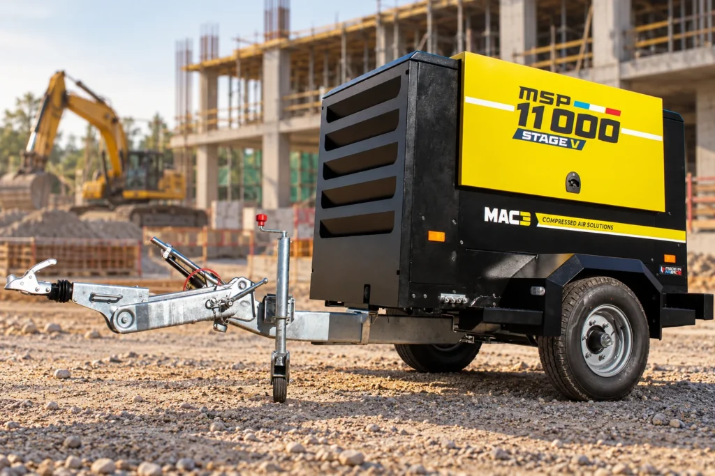 Portable diesel air compressor Malaysia – MAC3 MSP11000 at a construction site